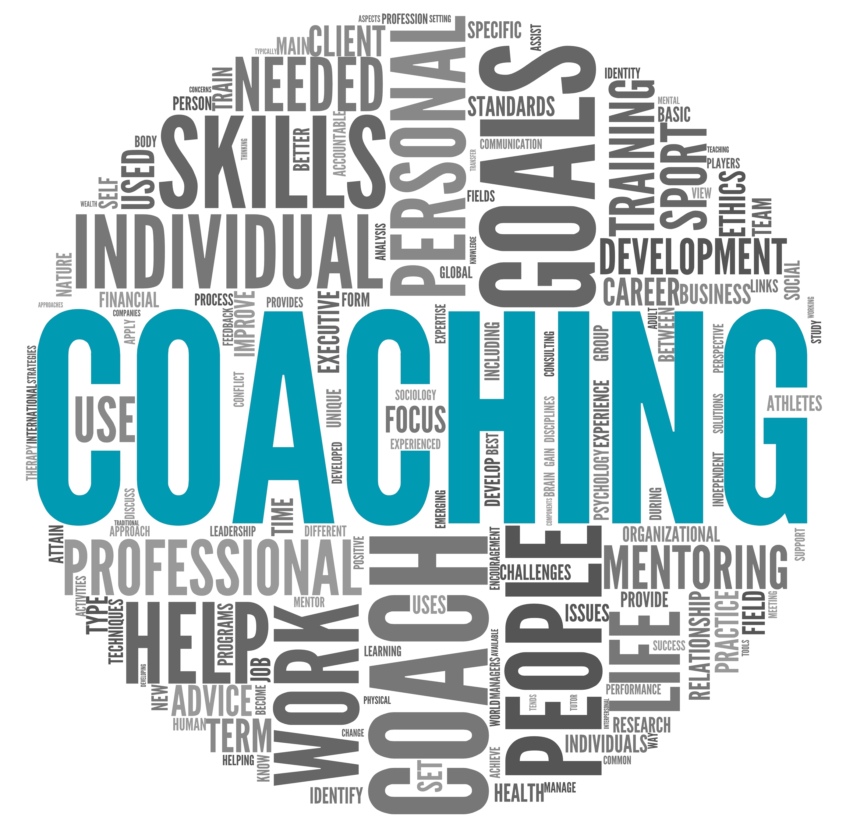 Coaching concept related words in tag cloud isolated on white